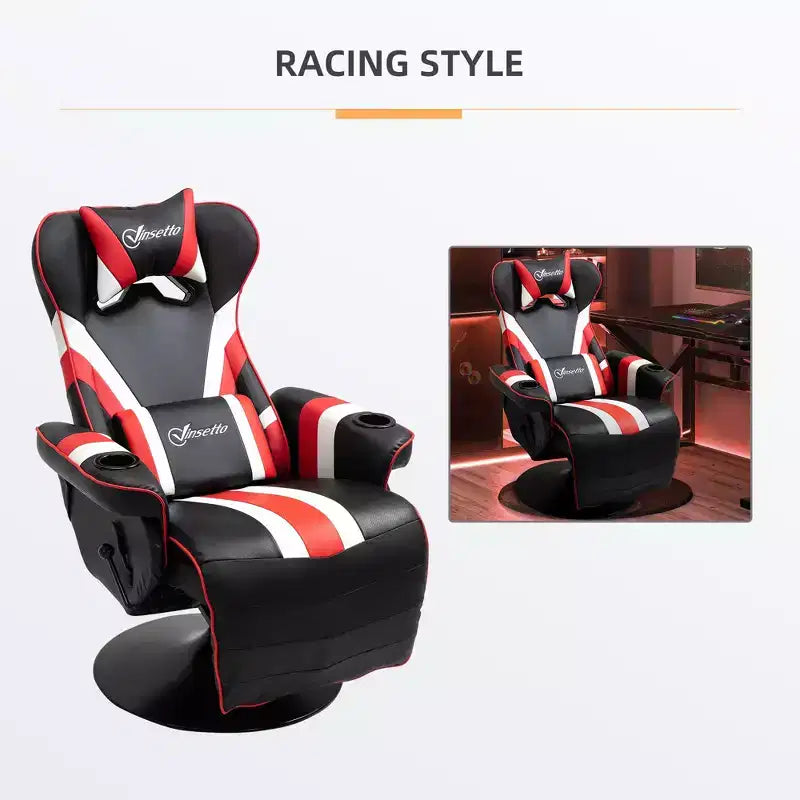 Sedia Gaming, Reclinabile da Ufficio Stile Corsa con Supporto Lombare, Poggiapiedi e Portabicchieri/Bianca/Rossa