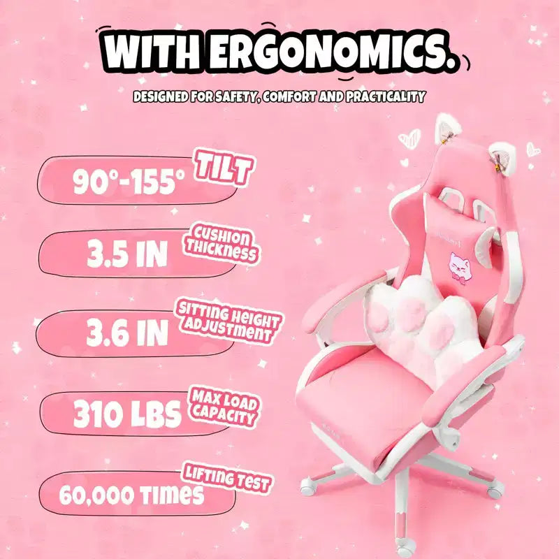 Okak Modern Cute Cat Swivel Gaming Chair with Paw Lumbar Cushion,High Ergonomic Task Chair Computer Chair for Adults