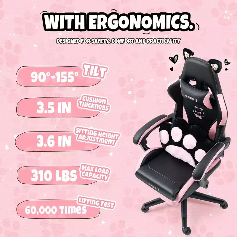 Okak Modern Cute Cat Swivel Gaming Chair with Paw Lumbar Cushion,High Ergonomic Task Chair Computer Chair for Adults
