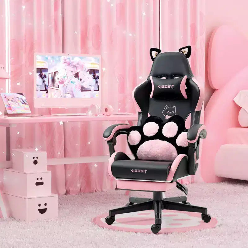 Okak Modern Cute Cat Swivel Gaming Chair with Paw Lumbar Cushion,High Ergonomic Task Chair Computer Chair for Adults
