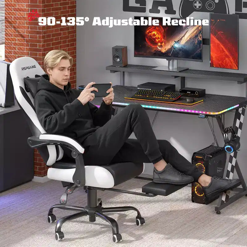 RSPGAME Sedia da Gaming Ergonomica di Base per Adulti, Sedie da Ufficio in Pelle PU con Supporto Lombare Vibrante e Poggiapiedi Retrattile, Sedie per Computer per la Casa