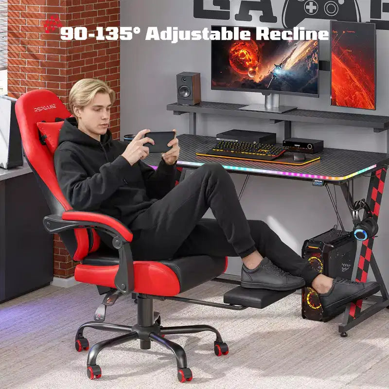 RSPGAME Sedia da Gaming Ergonomica di Base per Adulti, Sedie da Ufficio in Pelle PU con Supporto Lombare Vibrante e Poggiapiedi Retrattile, Sedie per Computer per la Casa