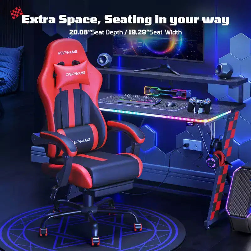 RSPGAME Sedia da Gaming Ergonomica di Base per Adulti, Sedie da Ufficio in Pelle PU con Supporto Lombare Vibrante e Poggiapiedi Retrattile, Sedie per Computer per la Casa
