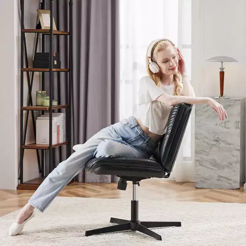 TUYOHW PU Leather Swivel Criss Cross Chair no Wheels,Office Chair with Adjustable Height,Armless Gaming Chair for Office