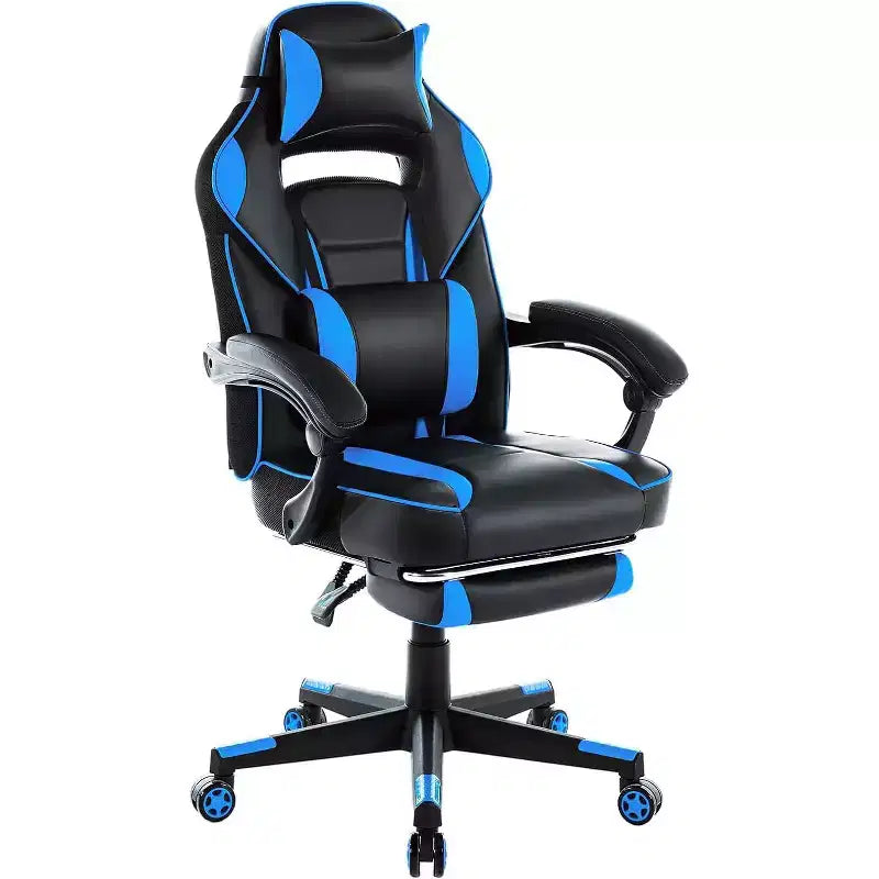 Ergonomic Gaming Chair, High-Back PU Computer Chair, Retractable Footrest, Height Adjustable, Adjustable Lumbar & Headrest, Swivel Office Chair