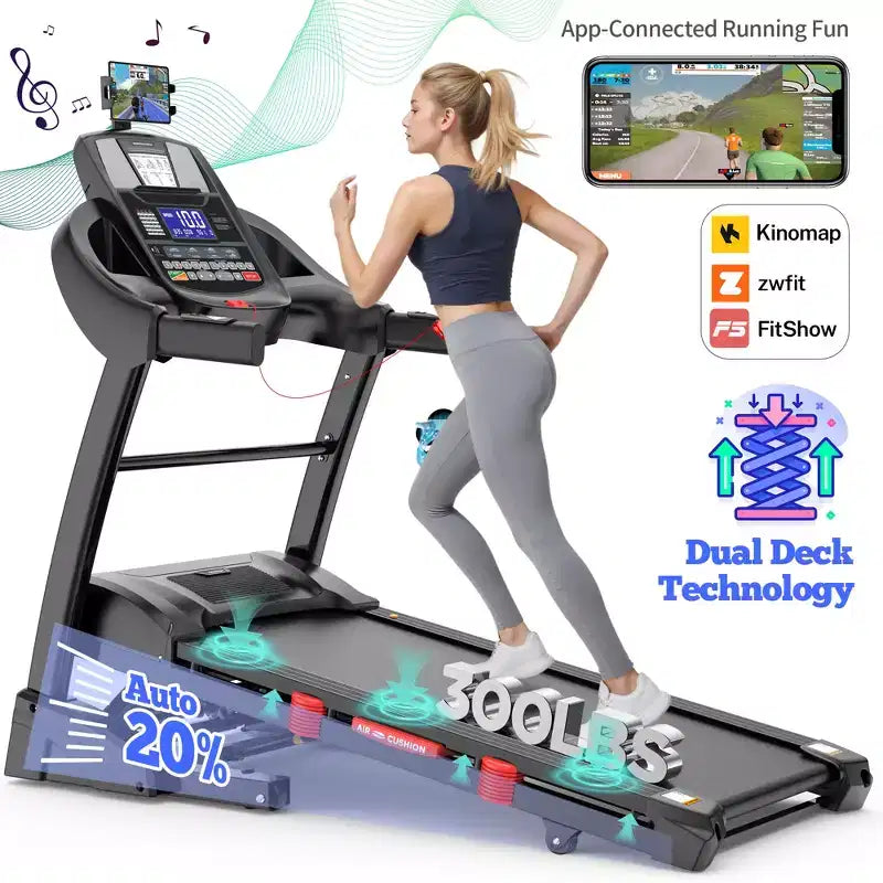 4.75HP Foldable Treadmill, 300lb Capacity,20% Auto Incline, Smart APP w/ Virtual Running Walking,64+3+3+1 Programs,12MPH, Portable Treadmill for Home