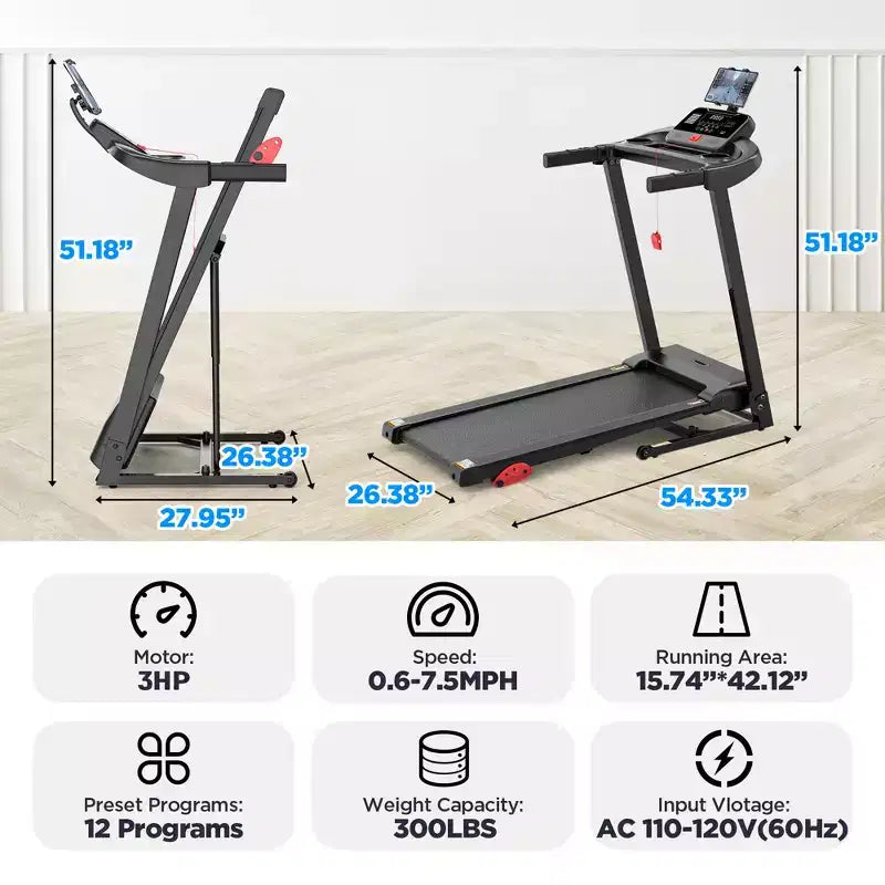 3HP Incline Treadmill w/ 300lb Capacity, Folding Treadmill for Home w/ Dual Speakers, 64+7 Programs, Virtual Run w/ APP, Walking Jogging Treadmill