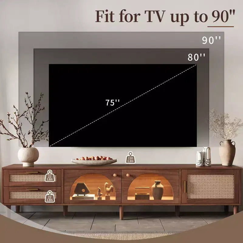 JVNOXK Modern Media Entertainment 86-inch TV Stand, suitable for TVs under 90 inches, featuring 2 drawers and glass door storage compartments-Brown
