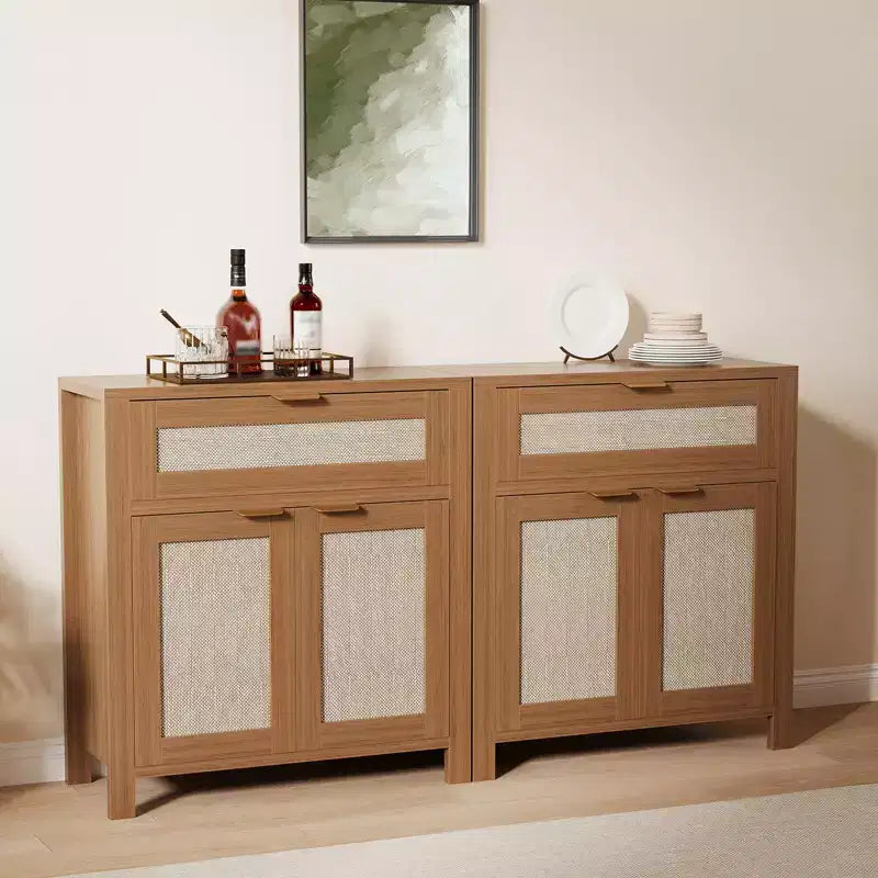 Madia in Rattan per Ingresso Mobile Buffet con Ripiani Regolabili e Cassetto per Cucina/Sala da Pranzo/Soggiorno (Robusta Struttura in Legno)