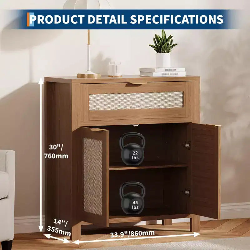 Madia in Rattan per Ingresso Mobile Buffet con Ripiani Regolabili e Cassetto per Cucina/Sala da Pranzo/Soggiorno (Robusta Struttura in Legno)