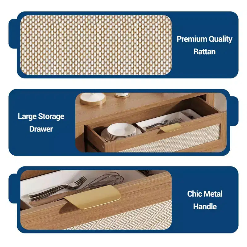 Madia in Rattan per Ingresso Mobile Buffet con Ripiani Regolabili e Cassetto per Cucina/Sala da Pranzo/Soggiorno (Robusta Struttura in Legno)