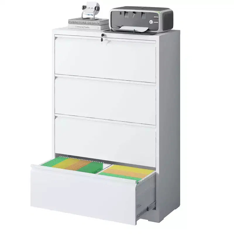 VIYET 52H Cassettiera laterale a 4 cassetti con serratura, in metallo bianco, chiudibile a chiave, per ufficio, adatta a documenti in formato Legal/Letter/A4/F4