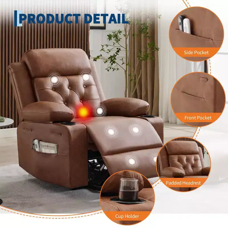 COZONY 42 Lift Recliner Chair, Oversized PU Leather Power Lift Sofa with Massage & Heat, Dual Cup Holders, Side Pockets for Living Room