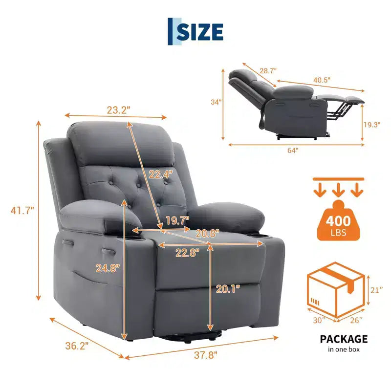 COZONY 42 Lift Recliner Chair, Oversized PU Leather Power Lift Sofa with Massage & Heat, Dual Cup Holders, Side Pockets for Living Room