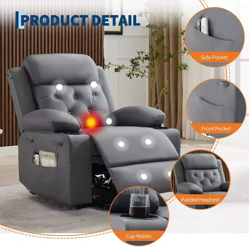 COZONY 42 Lift Recliner Chair, Oversized PU Leather Power Lift Sofa with Massage & Heat, Dual Cup Holders, Side Pockets for Living Room