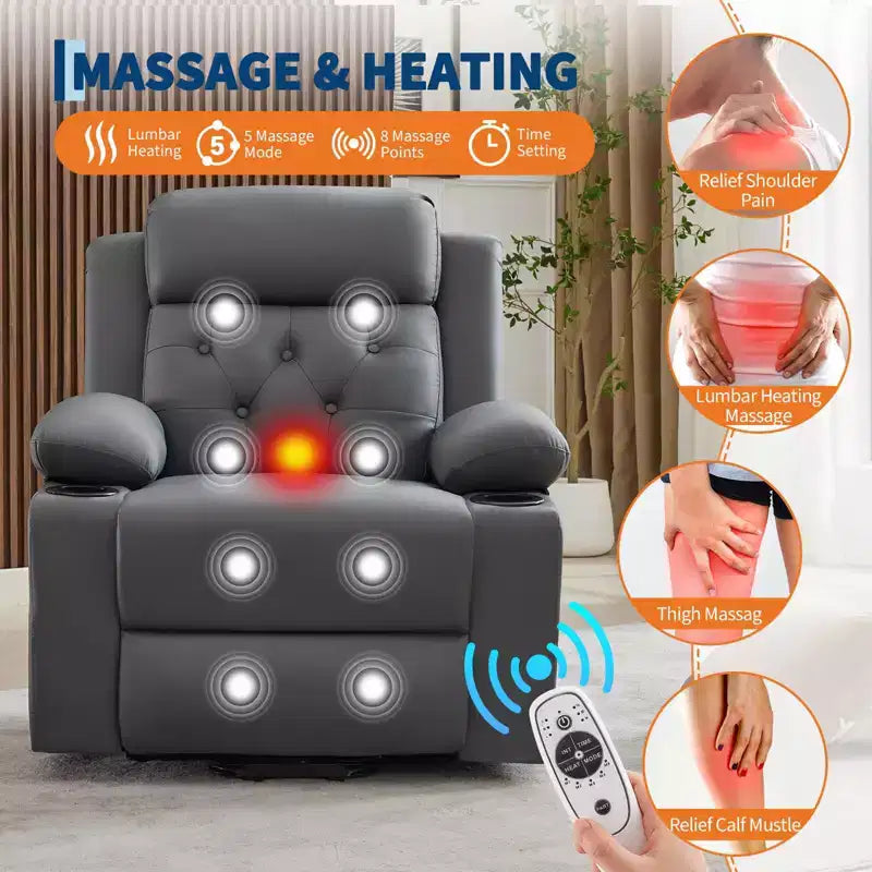 COZONY 42 Lift Recliner Chair, Oversized PU Leather Power Lift Sofa with Massage & Heat, Dual Cup Holders, Side Pockets for Living Room