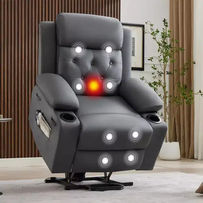 COZONY 42 Lift Recliner Chair, Oversized PU Leather Power Lift Sofa with Massage & Heat, Dual Cup Holders, Side Pockets for Living Room