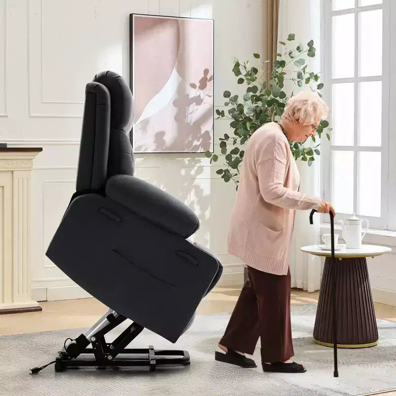 COZONY 42 Lift Recliner Chair, Oversized PU Leather Power Lift Sofa with Massage & Heat, Dual Cup Holders, Side Pockets for Living Room