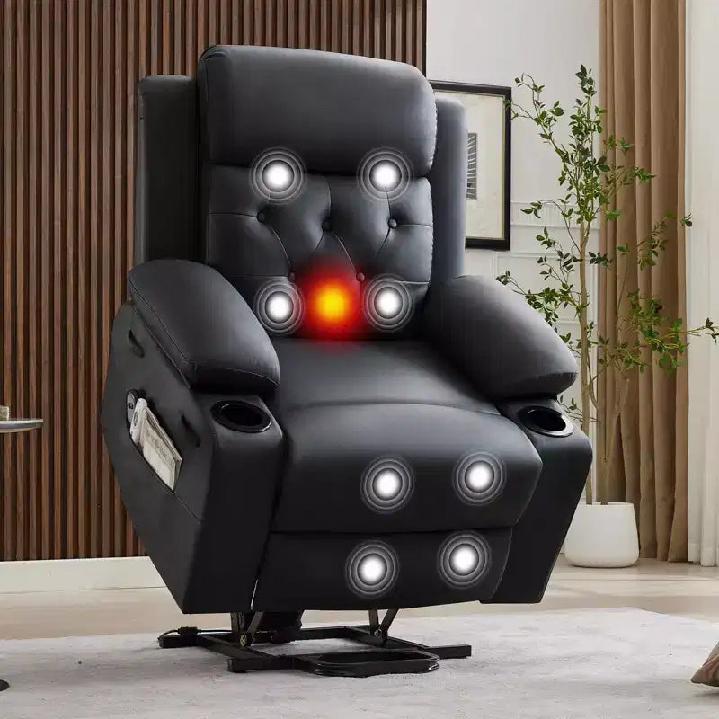 COZONY 42 Lift Recliner Chair, Oversized PU Leather Power Lift Sofa with Massage & Heat, Dual Cup Holders, Side Pockets for Living Room