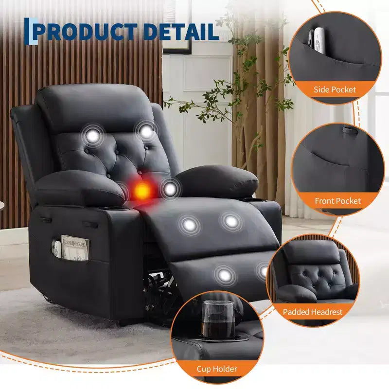 COZONY 42 Lift Recliner Chair, Oversized PU Leather Power Lift Sofa with Massage & Heat, Dual Cup Holders, Side Pockets for Living Room