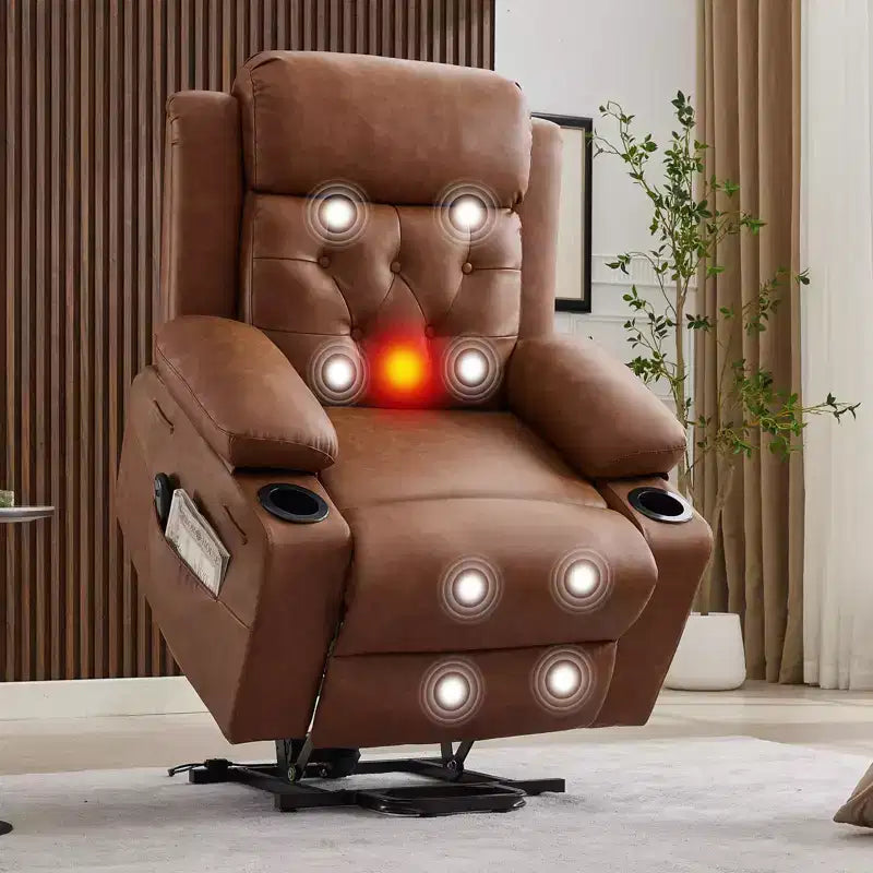 COZONY 42 Lift Recliner Chair, Oversized PU Leather Power Lift Sofa with Massage & Heat, Dual Cup Holders, Side Pockets for Living Room