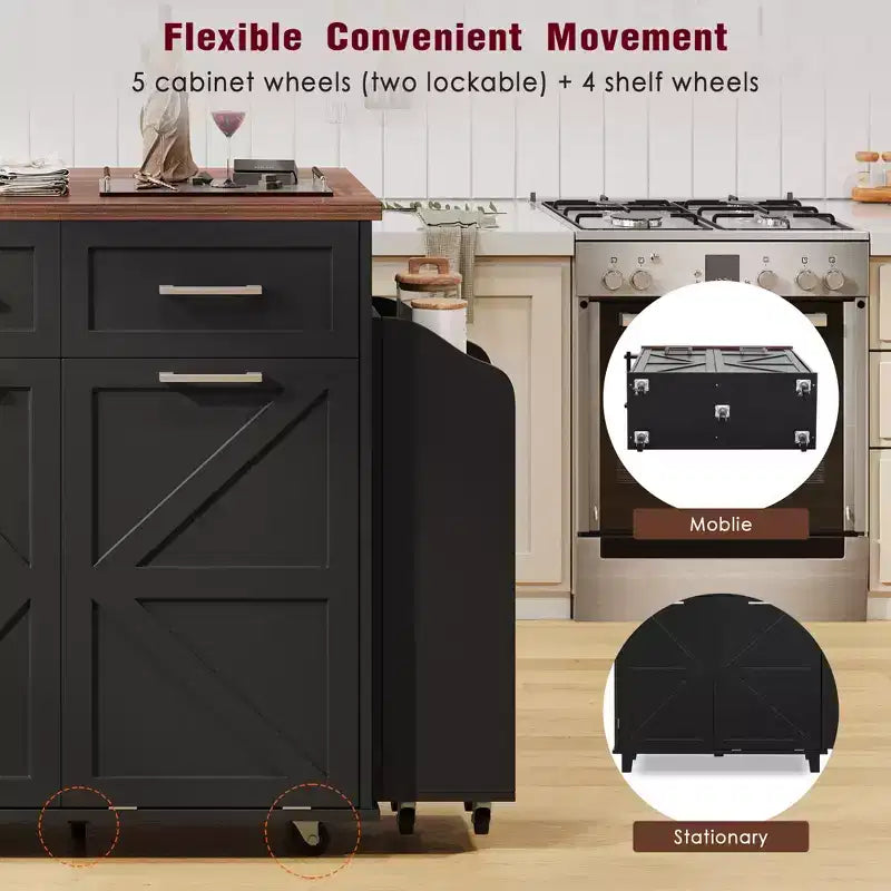 GDFStudio Alma 47.2 Isola Contenitore da Cucina con Ripiani Laterali Rimovibili, Ribalta, Ruote e Cestino Nascosto