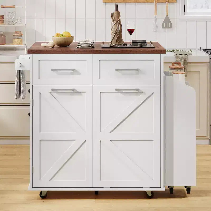 GDFStudio Alma 47.2 Kitchen Storage Island with Removable Side Racks, Drop Leaf, Wheels and Concealed Trash Cabinet