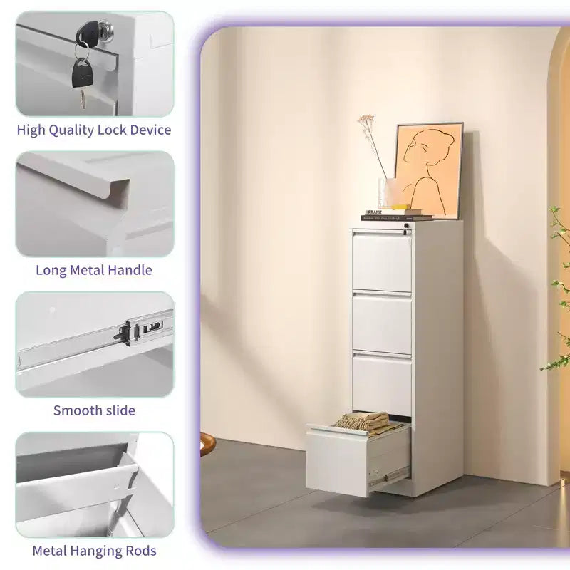VIYET 52H 4-Drawer White Metal Vertical File Cabinet with Lock, Steel Filing Cabinet for Home Office, Fits A4/Legal/Letter
