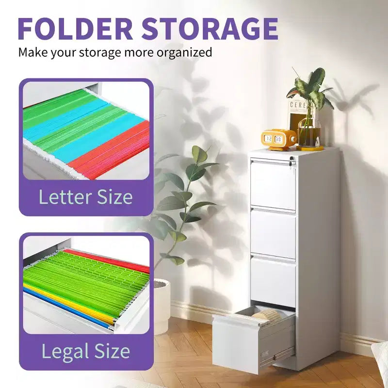 VIYET 52H 4-Drawer White Metal Vertical File Cabinet with Lock, Steel Filing Cabinet for Home Office, Fits A4/Legal/Letter