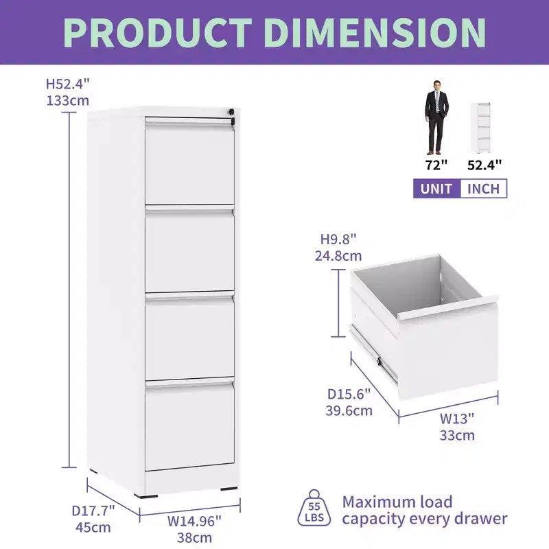 VIYET 52H 4-Drawer White Metal Vertical File Cabinet with Lock, Steel Filing Cabinet for Home Office, Fits A4/Legal/Letter