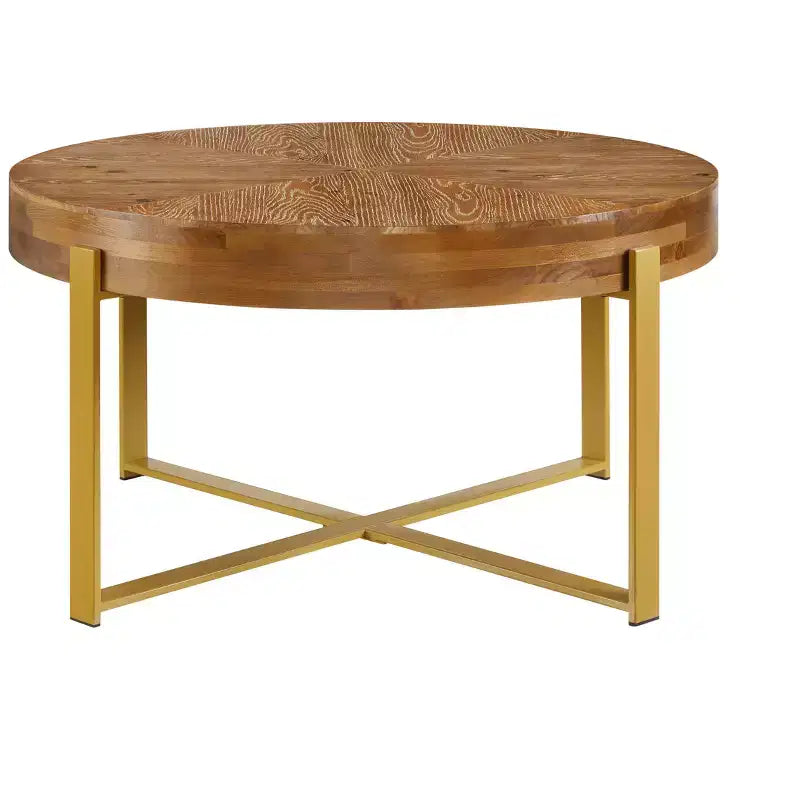 EHMKNP 32.28 Tavolino da caffè rotondo rustico vintage in legno con gambe in metallo dorato