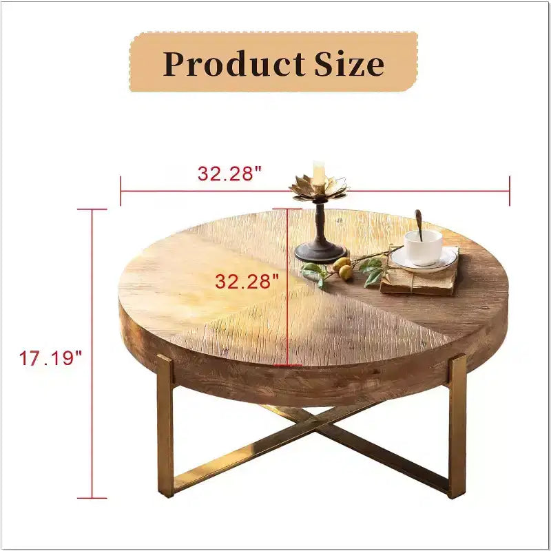 EHMKNP 32.28 Tavolino da caffè rotondo rustico vintage in legno con gambe in metallo dorato