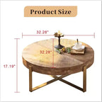 EHMKNP 32.28 Tavolino da caffè rotondo rustico vintage in legno con gambe in metallo dorato