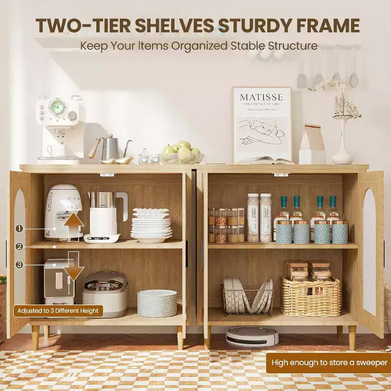 Mobile Credenza Cucina con Rattan, Gambe in Legno Massello per Soggiorno, Corridoio, Ingresso, Mobile Contenitore con Ampio Spazio