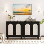 Mobile Credenza Cucina con Rattan, Gambe in Legno Massello per Soggiorno, Corridoio, Ingresso, Mobile Contenitore con Ampio Spazio