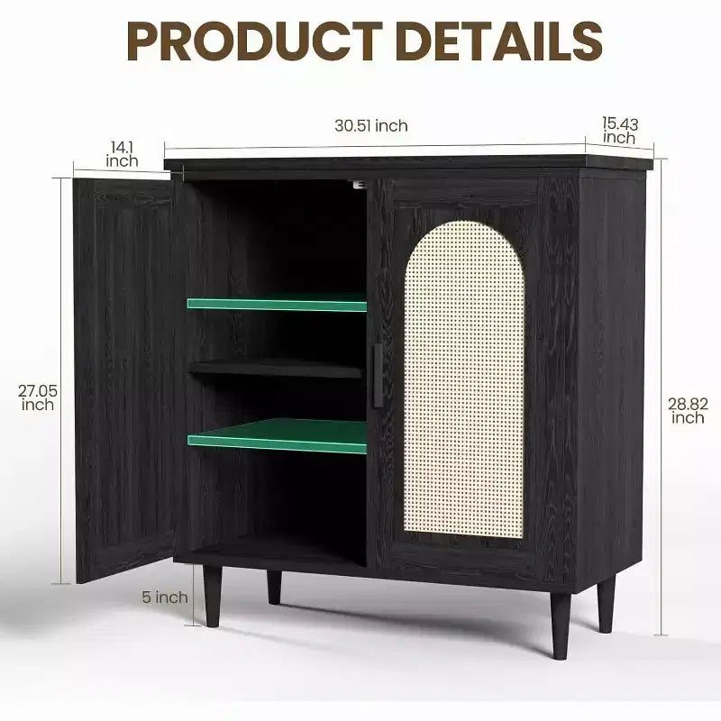 Mobile Credenza Cucina con Rattan, Gambe in Legno Massello per Soggiorno, Corridoio, Ingresso, Mobile Contenitore con Ampio Spazio