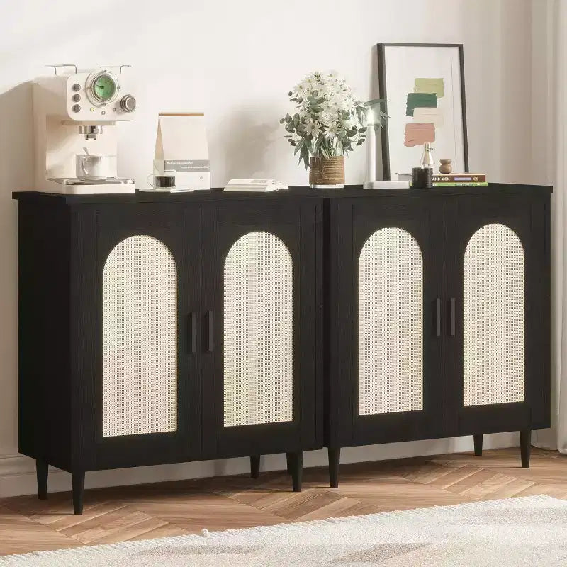 Mobile Credenza Cucina con Rattan, Gambe in Legno Massello per Soggiorno, Corridoio, Ingresso, Mobile Contenitore con Ampio Spazio