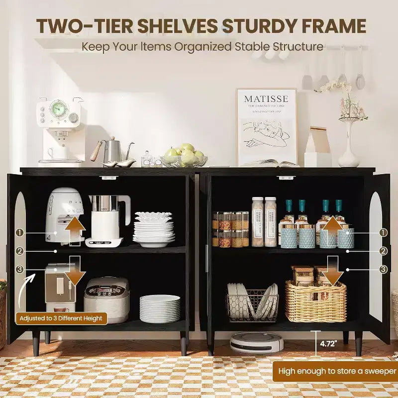 Mobile Credenza Cucina con Rattan, Gambe in Legno Massello per Soggiorno, Corridoio, Ingresso, Mobile Contenitore con Ampio Spazio
