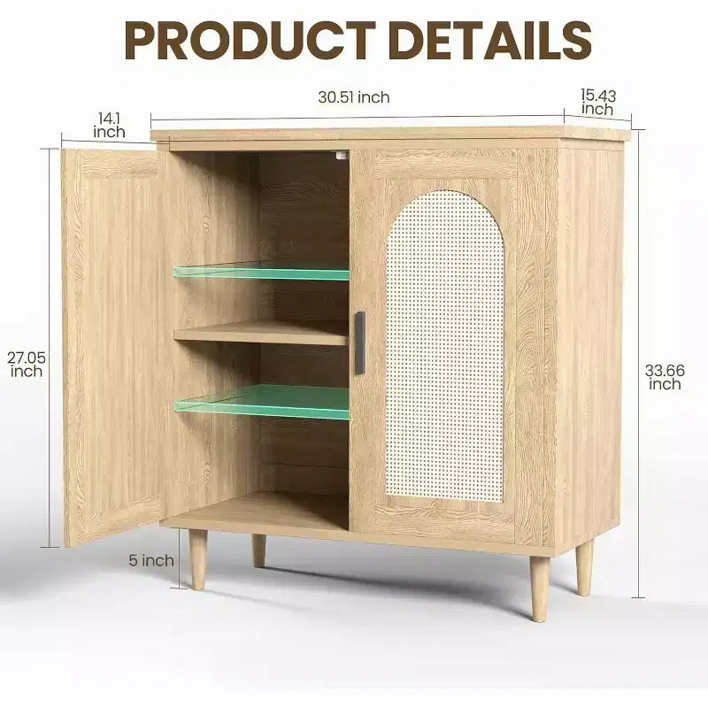 Mobile Credenza Cucina con Rattan, Gambe in Legno Massello per Soggiorno, Corridoio, Ingresso, Mobile Contenitore con Ampio Spazio