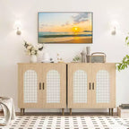 Mobile Credenza Cucina con Rattan, Gambe in Legno Massello per Soggiorno, Corridoio, Ingresso, Mobile Contenitore con Ampio Spazio
