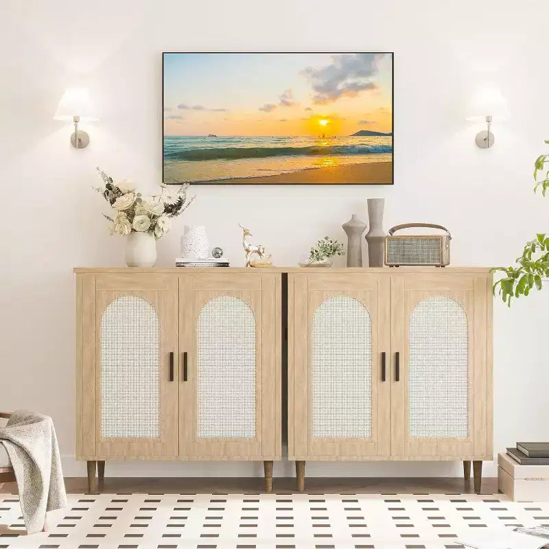 Mobile Credenza Cucina con Rattan, Gambe in Legno Massello per Soggiorno, Corridoio, Ingresso, Mobile Contenitore con Ampio Spazio