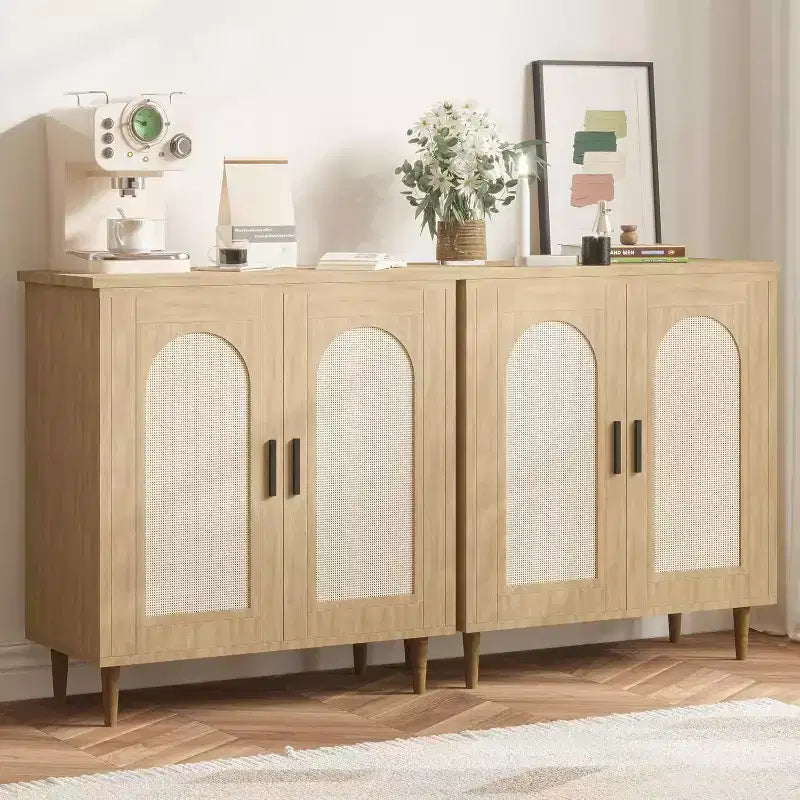 Mobile Credenza Cucina con Rattan, Gambe in Legno Massello per Soggiorno, Corridoio, Ingresso, Mobile Contenitore con Ampio Spazio
