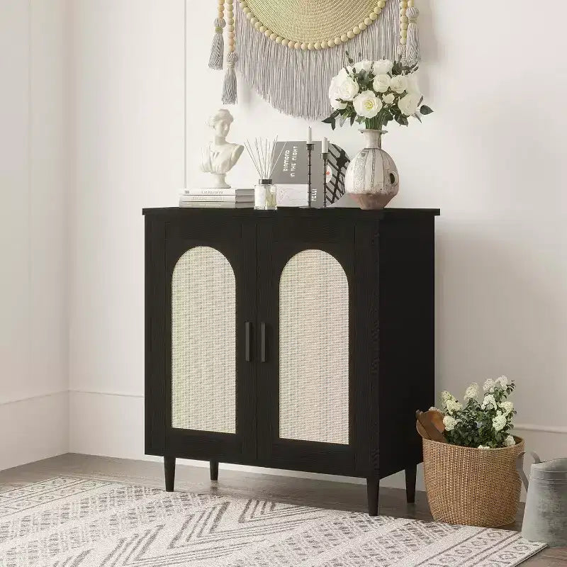Sideboard Buffet Kitchen Storage Cabinet with Rattan, Solid Wood Feet for Living Room, Hallway, Entryway, Cabinet with Ample Storage Space