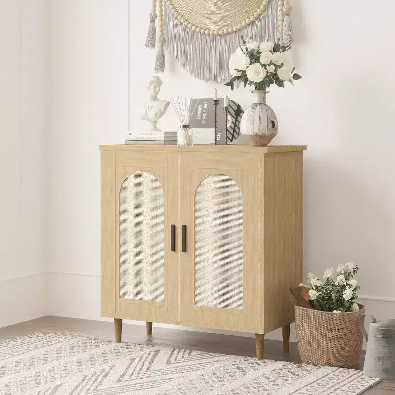 Sideboard Buffet Kitchen Storage Cabinet with Rattan, Solid Wood Feet for Living Room, Hallway, Entryway, Cabinet with Ample Storage Space