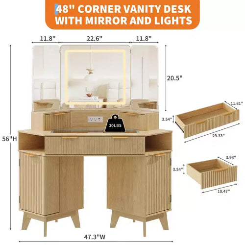 48 in Fluted Makeup Vanity Desk, Large Lighted Corner Vanity with HD Triple Mirror and Lights, Dressing Table