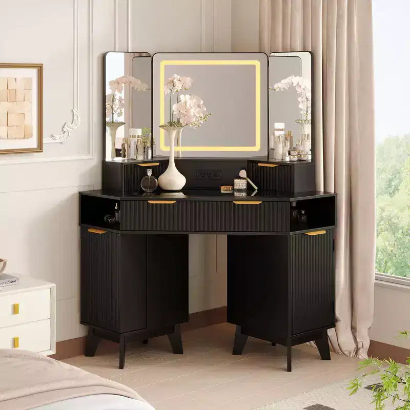48 in Fluted Makeup Vanity Desk, Large Lighted Corner Vanity with HD Triple Mirror and Lights, Dressing Table