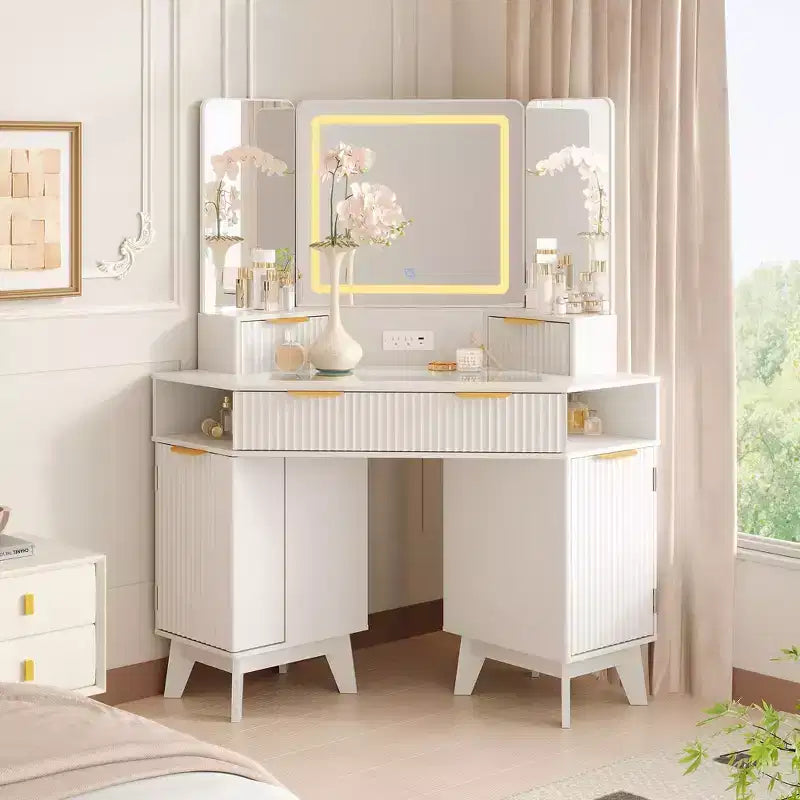 48 in Fluted Makeup Vanity Desk, Large Lighted Corner Vanity with HD Triple Mirror and Lights, Dressing Table
