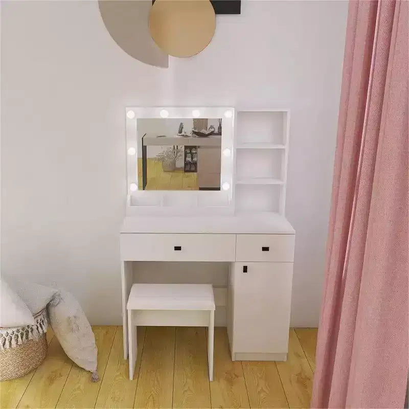 Set Toeletta Trucco in Legno, Tavolo da Trucco con Specchio e 8 Lampadine LED, Ripiani Aperti, 2 Cassetti, 1 Sgabello per Trucco per Ufficio Casa Camera da Letto Bianco