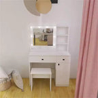 Set Toeletta Trucco in Legno, Tavolo da Trucco con Specchio e 8 Lampadine LED, Ripiani Aperti, 2 Cassetti, 1 Sgabello per Trucco per Ufficio Casa Camera da Letto Bianco