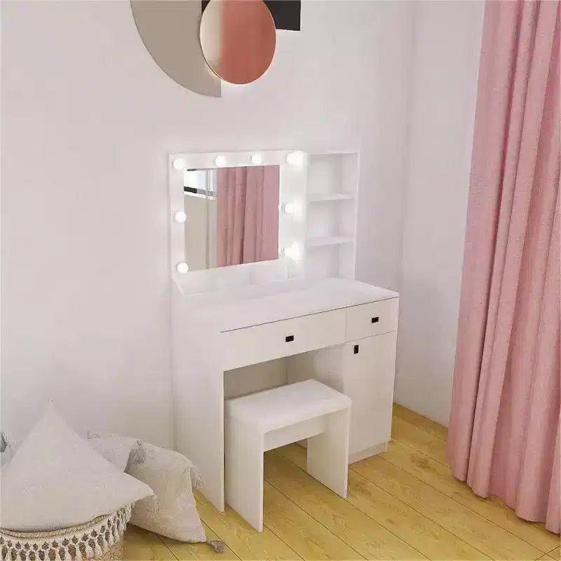 Set Toeletta Trucco in Legno, Tavolo da Trucco con Specchio e 8 Lampadine LED, Ripiani Aperti, 2 Cassetti, 1 Sgabello per Trucco per Ufficio Casa Camera da Letto Bianco